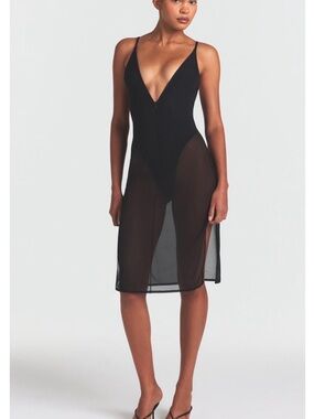 Mesh plunge midi dress. Onyx. Sold out.